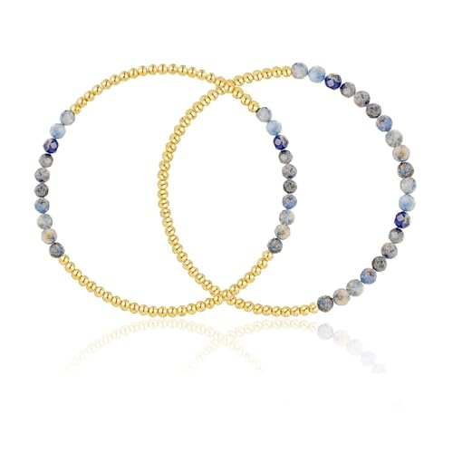 Kainier Gold Beaded Bracelets for Women 2Pairs 14K Gold Plated Stretch Bracelet Set Stackable Tarnish Dainty Natural Stone Bead Bracelets Gift - color: Aquamarine