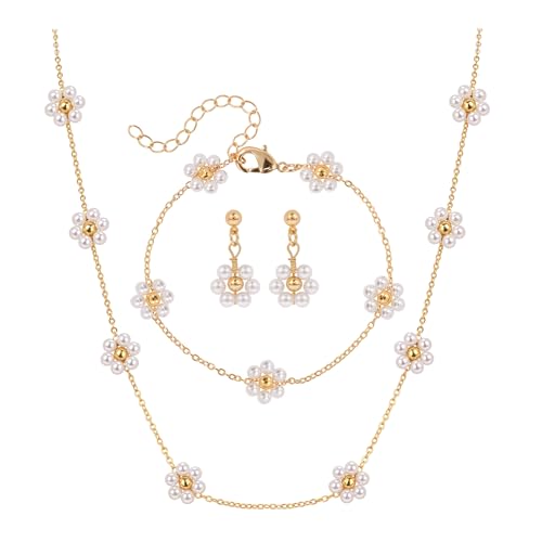 Raicegs Pearl Jewelry Set for Women Wedding Pearl Necklace Bracelet Earrings Set Bride Bridesmaid Dainty Jewelry Gift for Women - color: Flower Jewelry
