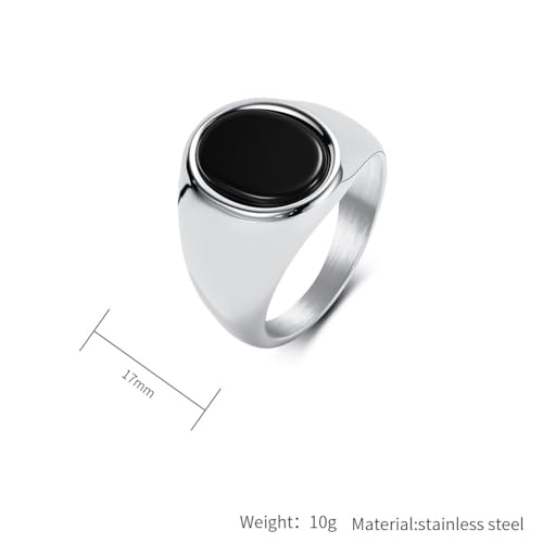 Stainless Steel Black Obsidian Ring for Men Women, Oval Black Stone Signet Ring, Gold Silver Black Tone Wide Band Ring, Polished Stainless Steel Statement Jewelry Gift - color: Gold