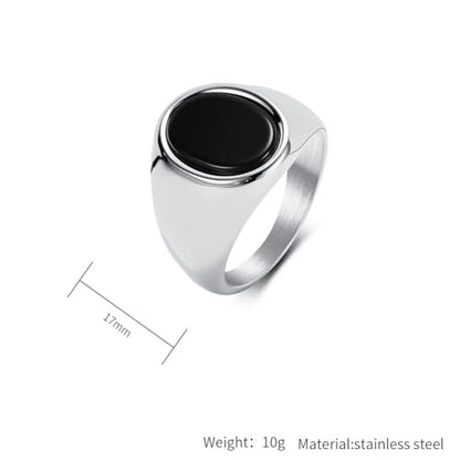 Stainless Steel Black Obsidian Ring for Men Women, Oval Black Stone Signet Ring, Gold Silver Black Tone Wide Band Ring, Polished Stainless Steel Statement Jewelry Gift - color: Silver