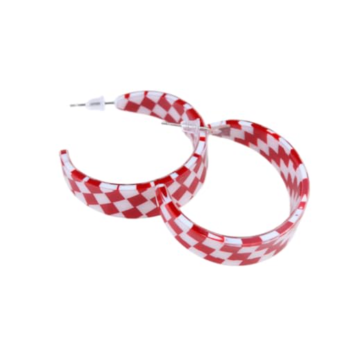 Checkerboard Hoop Earrings Lightweight 70s 80s 90s Transparent Black White Circle Acrylic Geometric Striped Checkered Dangle Drop Earrings Retro Simple Colorful C shaped Earrings for Women - color: red