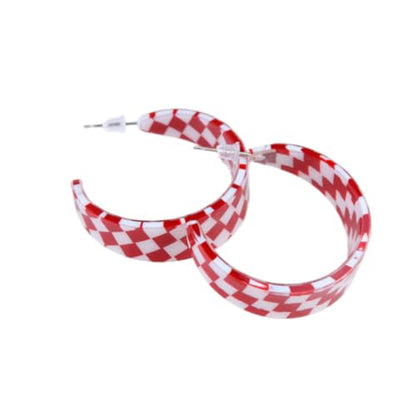 Checkerboard Hoop Earrings Lightweight 70s 80s 90s Transparent Black White Circle Acrylic Geometric Striped Checkered Dangle Drop Earrings Retro Simple Colorful C shaped Earrings for Women - color: red