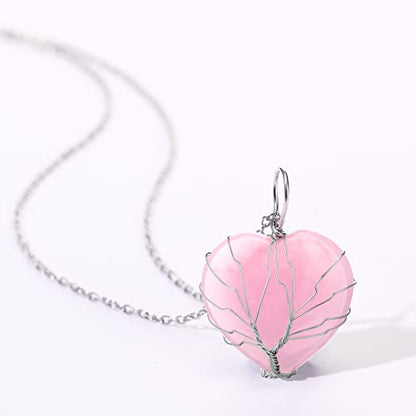 Sureio 4 Pcs Tree Life Healing Crystal Necklace Heart Shape Pendant Rose Quarts Necklace Energy Gemstone Pendant for Woman Valentine Mothers Day