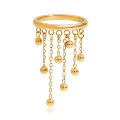 Tiny Ball Tassel Dangle Stacking Thin Band Ring for Women - 18K Golden Plated Stainless Steel Hanging Round Beads Chain Statement Knuckle Finger Rings Band Fashion Birthday Jewelry Size 7 - color: Gold
