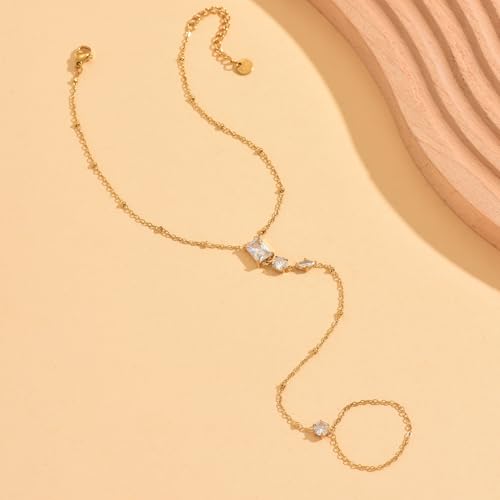 Gold Hand Chain Bracelet for Women 18K Gold Plated Stainless Steel Ring Bracelet Hand Chain with Pearl Star CZ Adjustable Hand Jewelry Chain Gifts - color: Y Satellite 3CZ-Gold