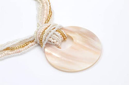 Coiris Multi Strand Statement Colorful Beaded Necklace with Big Circle Shell Pendant for Women - color: Natural