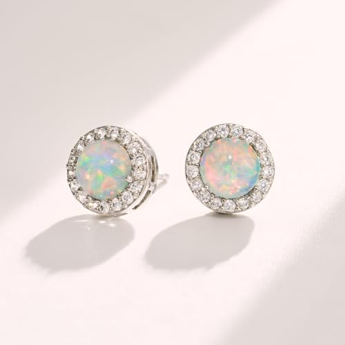 SWEETV Cubic Zirconia Stud Earrings, 8mm Round Cut, Rhinestone Hypoallergenic Earrings for Women & Girls | 9mm Round Cut Hypoallergenic 925 Sterling Silver Stud Earrings for Bridal Bridesmaid Prom Weddings Parties,Silver - color: 13.Opal Blue