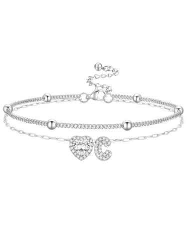 Bestyle Initial Anklet Bracelets for Women Waterproof Non Tarnish 14K Gold/White Gold Plated CZ Anklets for Women Dainty Layered Letter Heart Ankle Bracelets Adjustable Foot Chain Anklet - color: C
