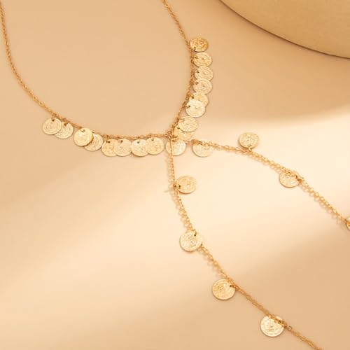 Boho Gold Long Disc Coin Choker Drop Statement Necklace for Women | Trendy Y Shaped Pendant Tassel Necklaces Round Disk Body Wrap Chain Collar Necklace Costume Outfit Festival Jewelry Accessory - color: Gold