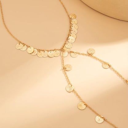 Boho Gold Long Disc Coin Choker Drop Statement Necklace for Women | Trendy Y Shaped Pendant Tassel Necklaces Round Disk Body Wrap Chain Collar Necklace Costume Outfit Festival Jewelry Accessory - color: Gold