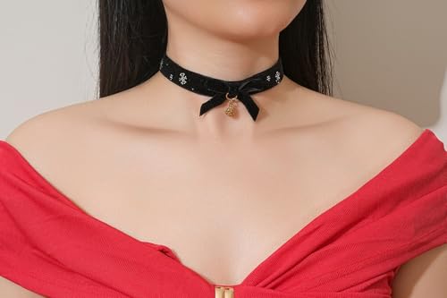 FOSIR Velvet Choker for Slender Neck, 14k Gold Plated Sainless Steel Heart/Snowman/Deer/Hat/Tree/Bell/Pendant Collar Necklace for Women, Adjustable Soft Skin-Friendly Velvet Jewelry Gifts - color: Black Choker- Heart