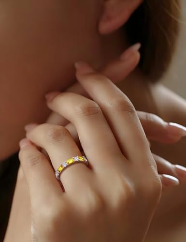 3.5mm Half Eternity Band Sterling Silver Rings for Women Sapphire/Ruby/Emerald and Cz Wedding Bands 7 Stone Stackable Birthstone Ring Anniversary Jewelry Size 6-10 - color: 11-Citrine-Nov.