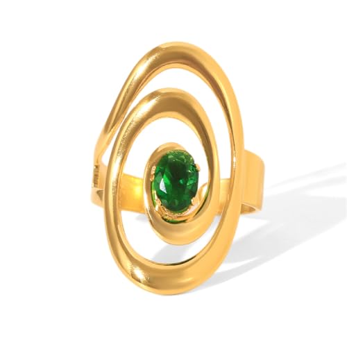 Vintage Green CZ Oval Statement Adjustable Open Rings for Women Stainless Steel Gold Plated Dainty Crystal Swirl Geometric Stackable Finger Band Rings Comfot Fit Fashion Trendy Jewelry