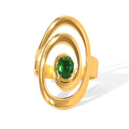 Vintage Green CZ Oval Statement Adjustable Open Rings for Women Stainless Steel Gold Plated Dainty Crystal Swirl Geometric Stackable Finger Band Rings Comfot Fit Fashion Trendy Jewelry