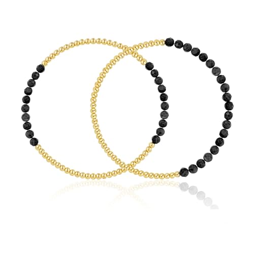 Kainier Gold Beaded Bracelets for Women 2Pairs 14K Gold Plated Stretch Bracelet Set Stackable Tarnish Dainty Natural Stone Bead Bracelets Gift - color: Onyx