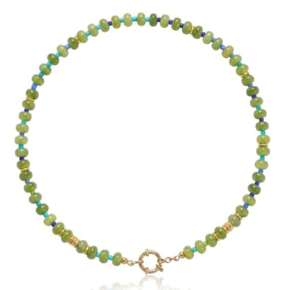 BELLA-Bee Natural Stone Beaded Choker, Multi Color Boho Jewelry Gift | Small bead natural stone choker with stainless steel ring clasp — multicolor stone, handmade healing jewelry for vacation - color: Green