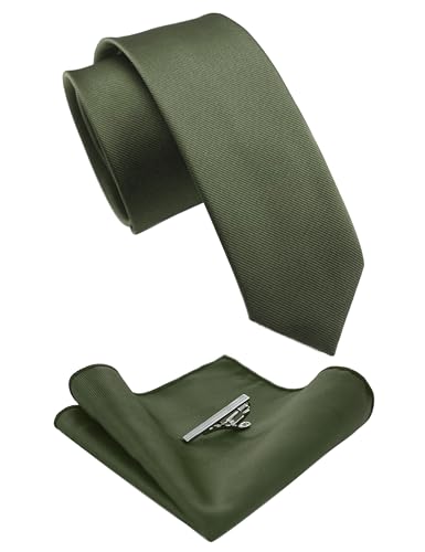 JEMYGINS 2.4" Solid Color Skinny Tie and Pocket Square with Tie Clip Sets for Men (6cm) - color: Olive Green
