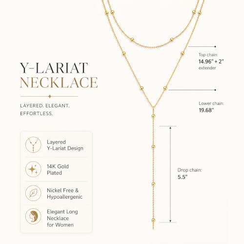 Foxgirl Lariat Gold Necklace for Women, Dainty Long Necklace 14k Gold Plated/Silver Y-Shaped Pendant Necklace Trendy Layered Cz Beaded Chain Drop Necklaces Simple Gold Jewelry For Women Gift - color: Y Layered Bead Necklace-GD