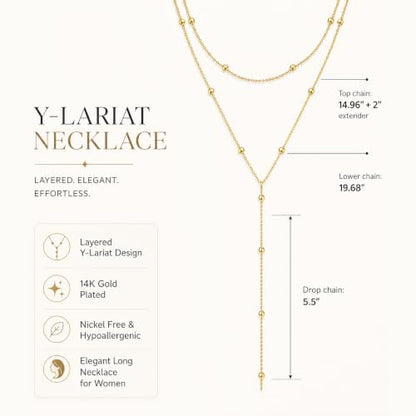 Foxgirl Lariat Gold Necklace for Women, Dainty Long Necklace 14k Gold Plated/Silver Y-Shaped Pendant Necklace Trendy Layered Cz Beaded Chain Drop Necklaces Simple Gold Jewelry For Women Gift - color: Y Layered Bead Necklace-GD
