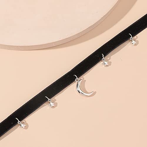 YienDoo Punk Black Velvet Choker Necklace Vintage Silver Tiny Moon Stars Pendant Necklace Suede Rope Chain Choker Gothic Statement Star Crescent Moon Necklace Charm Jewelry for Women