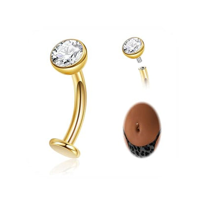 NICEIGHT 14G F136 Pure Titanium Floating Belly Button Rings for Women Petite Flat Back CZ Belly Rings Opal Barbell Heart Curved Navel Ring Internally Threaded Belly Piercing Jewelry 8/10/12/14mm - color: Gold-Round CZ, size: 12mm (Slightly Longer)