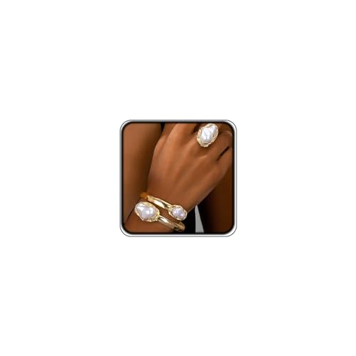 Chunky White Pearl Jewelry Accessories Sets for Women Fashion Open Knuckle Rings Baroque Pearls Bracelets Pack Irregular Geometric Arm Cuff Bracelet
