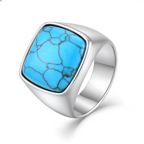 Men's Tiger Eye Square Signet Ring Stainless Steel Thumb Rings with Natural Stone for Men Jewelry Gift for Him, Size 7-12 - color: 05,Silver-turquoise