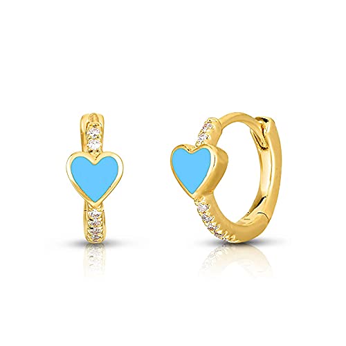 Enamel Heart Huggie Hoop Earrings with Cubic Zirconia Silver Small Hinged Hoops for Women - color: Heart Light Blue Enamel