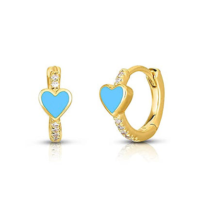 Enamel Heart Huggie Hoop Earrings with Cubic Zirconia Silver Small Hinged Hoops for Women - color: Heart Light Blue Enamel