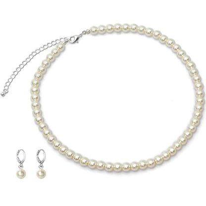 S SUSANN Costume Layered Twisted Gold Pearl Necklace Choker Chunky Glass Statement Pearl Necklace and Earring set, good gift for women Faux pearl necklace set - style: 7MM beige pearl necklace