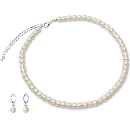 S SUSANN Costume Layered Twisted Gold Pearl Necklace Choker Chunky Glass Statement Pearl Necklace and Earring set, good gift for women Faux pearl necklace set - style: 7MM beige pearl necklace