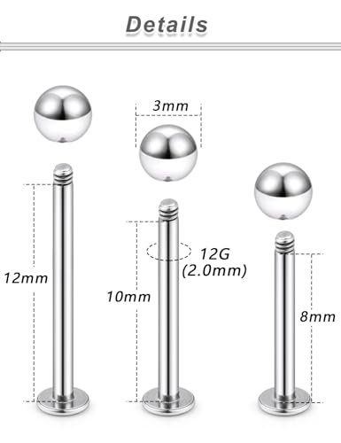 20G 18G 16G 14G 12G Lip Labret Medusa Monroe Rings Studs 316L Surgical Steel Flat Back Tragus Helix Cartilage Earring Stud Piercing Jewelry Bar Length 8mm 10mm 12mm Mix Color 18PCS - color: Silver, size: 12G(2.0mm)-8/10/12mm Bars-4mm 5mm Balls