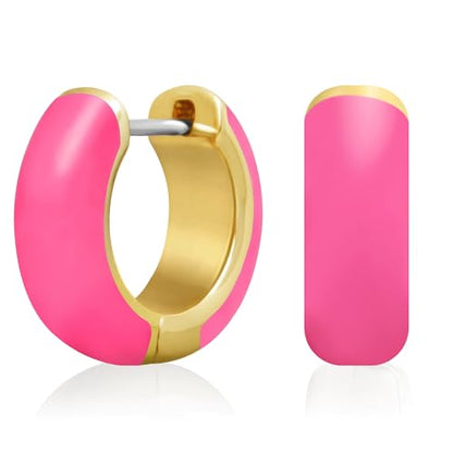 14K Gold Plated Sterling Silver Enamel Color Huggie Hoop Earrings for Women – Wide Range of Vibrant Color Options Available - color: Neon 3pc Bundle