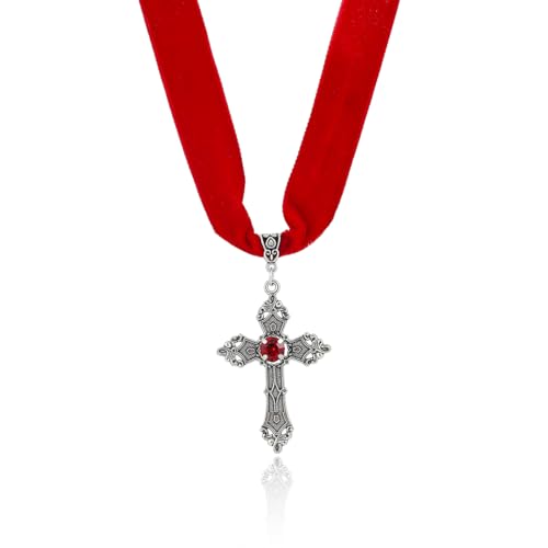 PINK TOWN Gothic Black Lace Choker Necklace for Women Vintage Black Red Crystal Cross Pendant Necklace Goth Cross Necklace Halloween Birthday Party Jewelry - color: Red 1