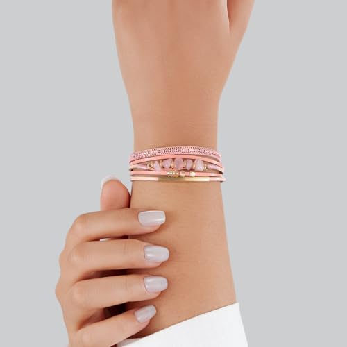 Boho Gemstone Beaded Leather Wrap Bracelets Stackable Chunky Cuff Bracelet Western Jewelry Cowboy Chic Country Concert Outfits for Women - color: Pink