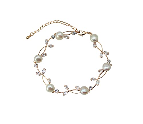 Faship Genuine Freshwater Pearls Floral Necklace Earrings Set | Premium CZ Crystal, Gorgeous, Sparkling - color: Clear / Rose Gold Plated / Matching Bracelet