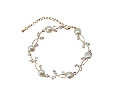Faship Genuine Freshwater Pearls Floral Necklace Earrings Set | Premium CZ Crystal, Gorgeous, Sparkling - color: Clear / Rose Gold Plated / Matching Bracelet