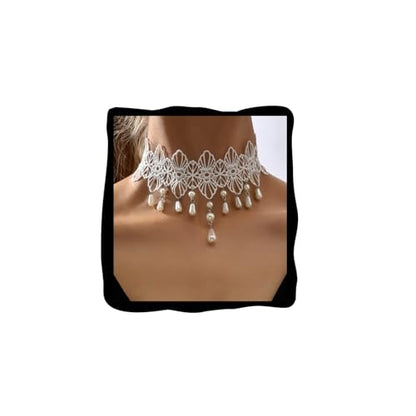 Lace Choker Necklace for Women Tassel Pendant Choker Necklaces Elegant Boho Collar Necklaces Statement Artistic Chain Necklace with Pearl Halloween Party Cosplay Costume Jewelry - color: White Lace Pearl-2
