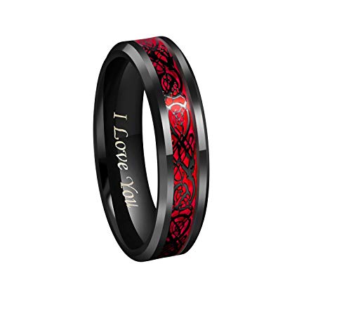 CROWNAL Black Dragon Men Black Tungsten Carbide Ring Wedding Band 6mm 8mm 10mm Red Carbon Fiber Black Celtic Dragon Inlay Engraved I Love You Size 7 to 17 - color: 6mm Red Carbon Fiber