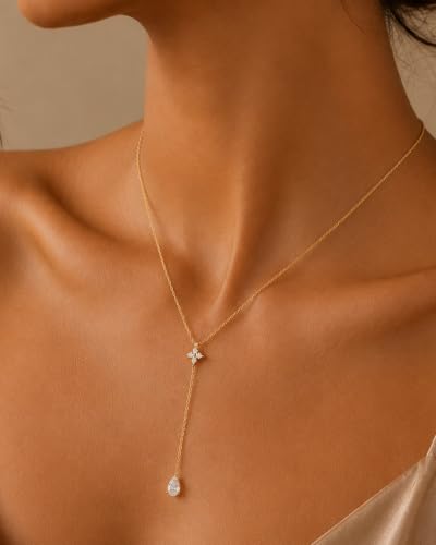 Gold Necklace for Women Dainty 14K Gold Plated Lariat Necklace | Teardrop CZ Y Shaped Drop Necklaces Prom Necklace Long Necklace Simple Gold Jewelry For Women Gift - color: C GOLD