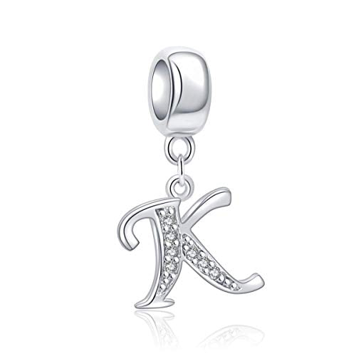 925 Sterling Silver Letter Charms Fits Pandora Bracelets, Gift for Women | A-Z Alphabet Initial Charm with CZ,Great gift for Christmas, Valentine's Day, Mother's Day. - color: K