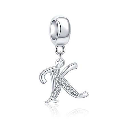 925 Sterling Silver Letter Charms Fits Pandora Bracelets, Gift for Women | A-Z Alphabet Initial Charm with CZ,Great gift for Christmas, Valentine's Day, Mother's Day. - color: K