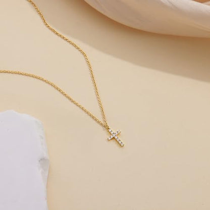 Poxtex Cross Necklace for Women Teen Girls, Dainty 14K Gold Silver Plated Cross Choker Jewelry Non Tarnish Waterproof Cute Simple Small Necklace Christian Baptism Religious Faith Jewelry Gifts - color: 03 Small Cross CZ - Gold
