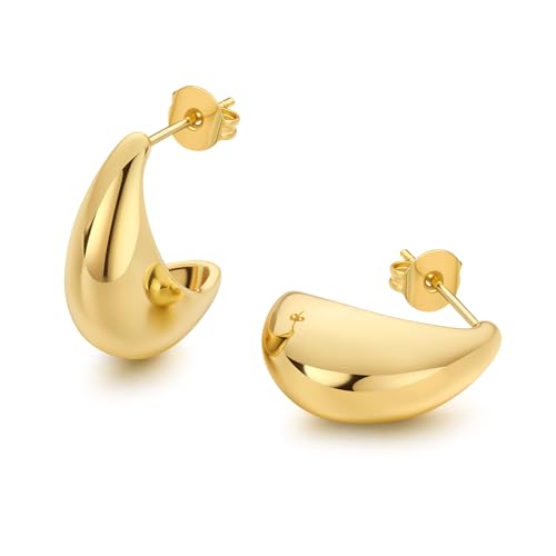 18K Gold Plated Huggie Hoop Earrings for Women, 925 Sterling Silver Post, Hypoallergenic Small Earrings - color: Curved Large Hoops