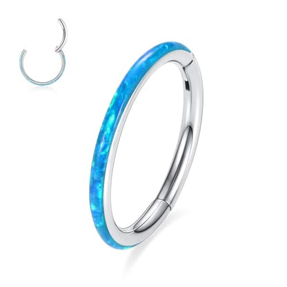 PEAKLINK Hinged Nose Hoop Ring Surgical Steel Conch Cartilage Helix Lobe Earring for Septum Lip Tragus Daith Rook Orbital Belly Nose Piercing Jewelry - color: Silver with Blue Opal