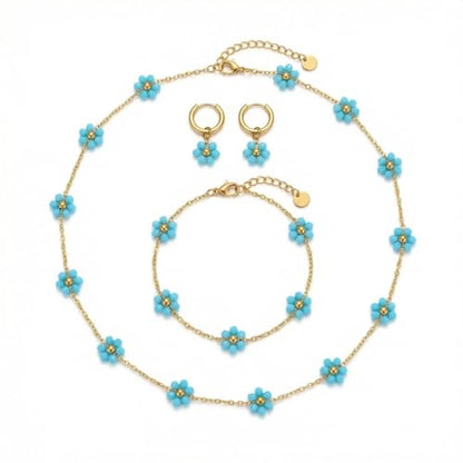 Daisy Pearl Jewelry Set for Women, 14K Gold Plated Stainless Steel Necklace Bracelet Earring 3 Piece Set, Dainty Pearl Choker Flower Necklace Birthday Gift for Her - color: Sky Blue