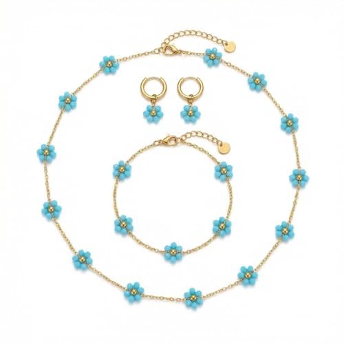 Daisy Pearl Jewelry Set for Women, 14K Gold Plated Stainless Steel Necklace Bracelet Earring 3 Piece Set, Dainty Pearl Choker Flower Necklace Birthday Gift for Her - color: Sky Blue