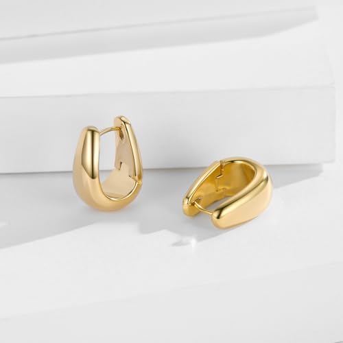 Small Chunky Hoop Earrings for Women 14k Real Gold Plated 925 Sterling Silver Post Oval Hoop Earrings Hypoallergenic Thick Huggie Hoops Earrings Jewelry Gifts for Women - color: gold