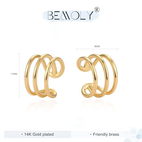 Bemoly Ear Cuff Earrings for Women 14K Gold Plated Cubic Zirconia Dangle Huggie Ear Cuffs Non Piercing | Clip On Cartilage - style: A-Stripe-Pair
