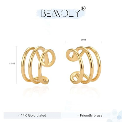 Bemoly Ear Cuff Earrings for Women 14K Gold Plated Cubic Zirconia Dangle Huggie Ear Cuffs Non Piercing | Clip On Cartilage - style: A-Stripe-Pair